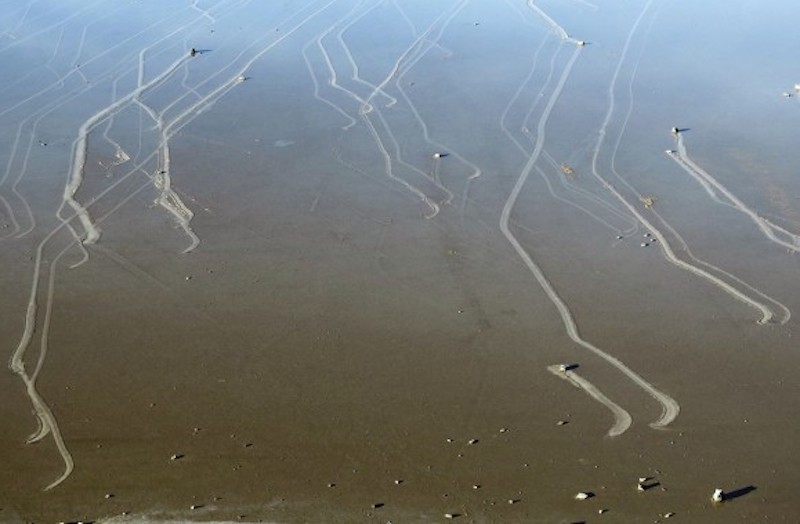 Aerial view of long, angular, white tracks across sand some with rocks at end of each one.