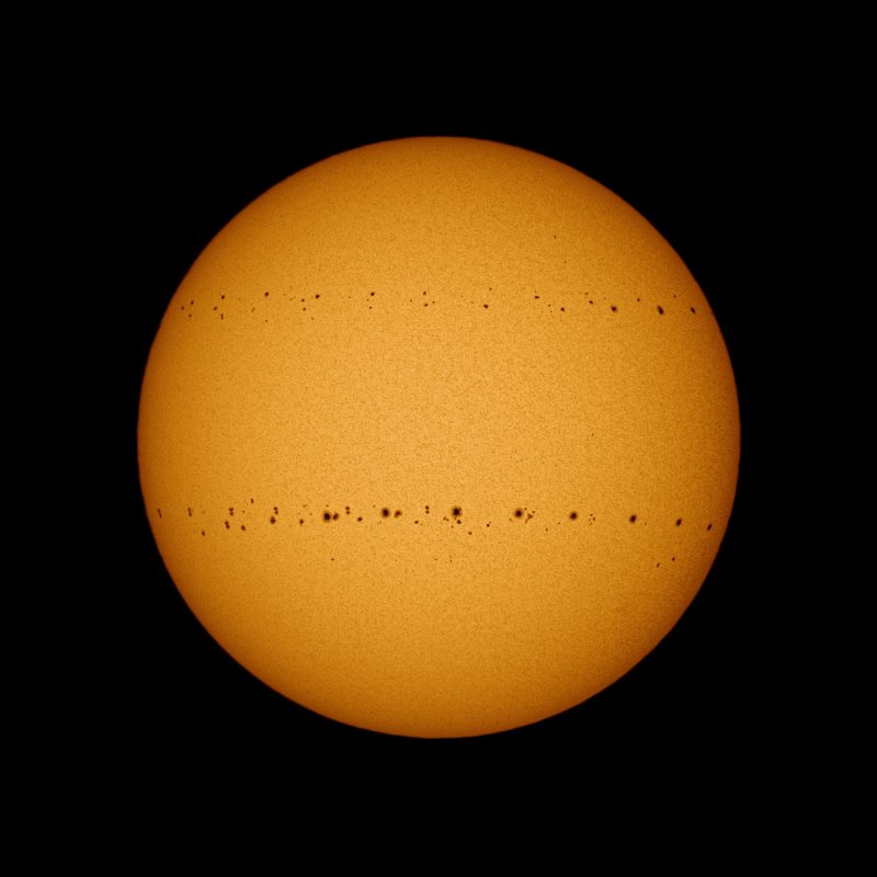 The round disk of the sun, with sunspots crossing it in 2 bands, one in the northern and one in the southern hemisphere.