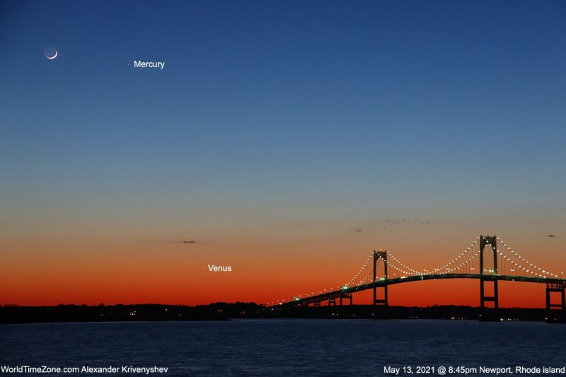 The moon and two bright planets at sunset over a suspension bridge on a bay.