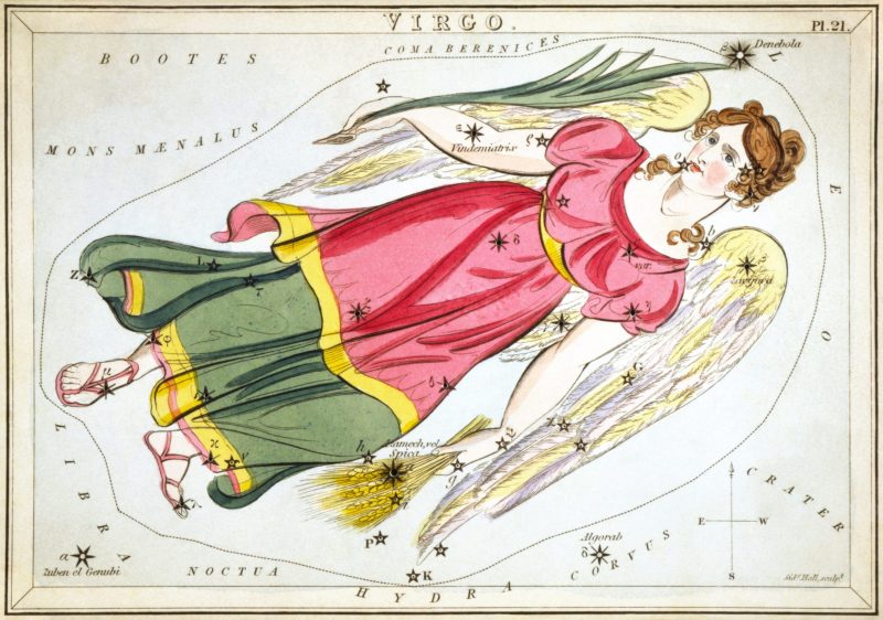 Virgo: Antique colored etching of young woman in long dress with labeled scattered stars.