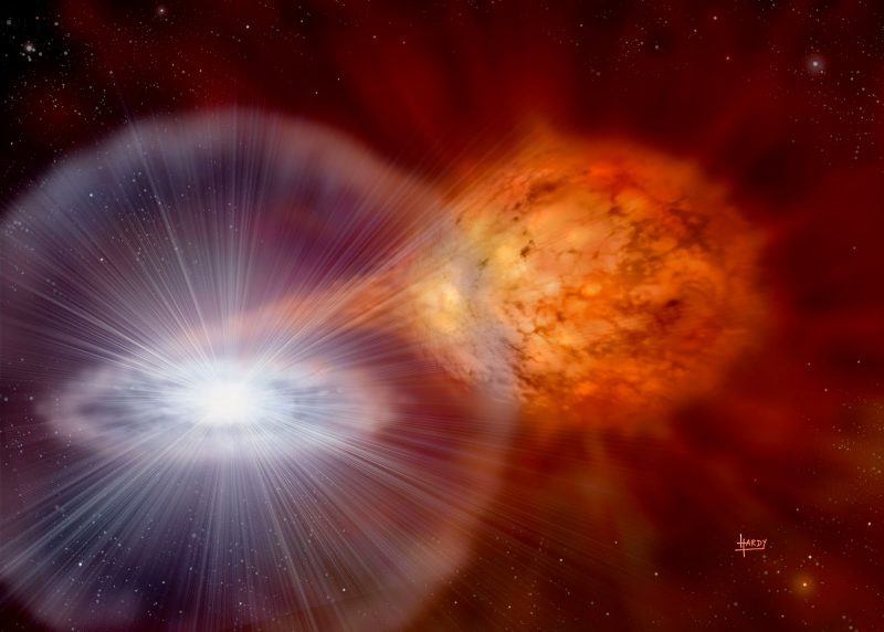 Material flowing from a red star to a nearby exploding white star.