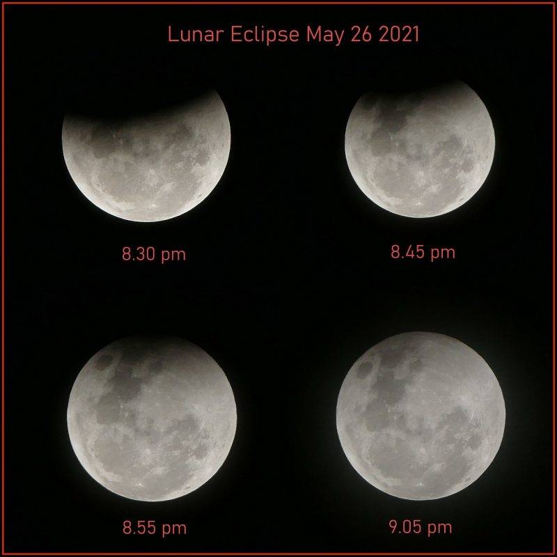 Four views of the moon in a lunar eclipse photo.