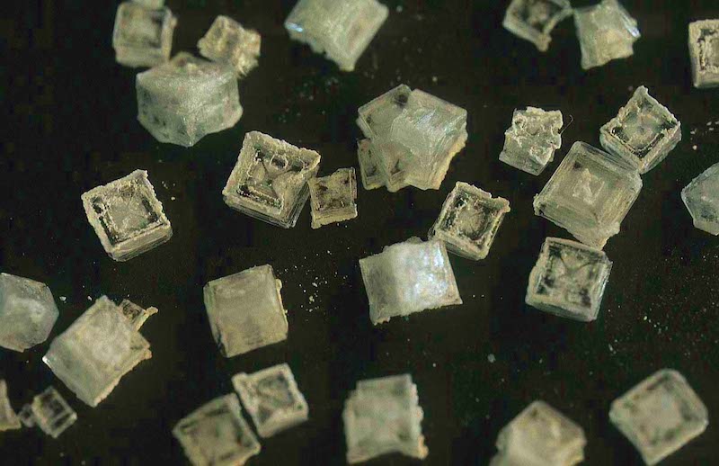 Microscopic view of scattered dirty white cubical crystals.
