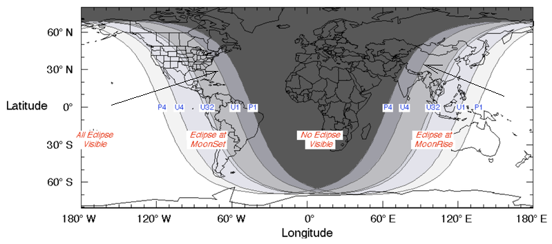 Worldwide map of day and night at partial eclipse.