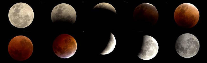 Ten views of the moon in a lunar eclipse photo.