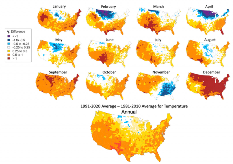 Maps show average temperatures were higher across most of the U.S. in 1991-2020 than in 1981-2010.
