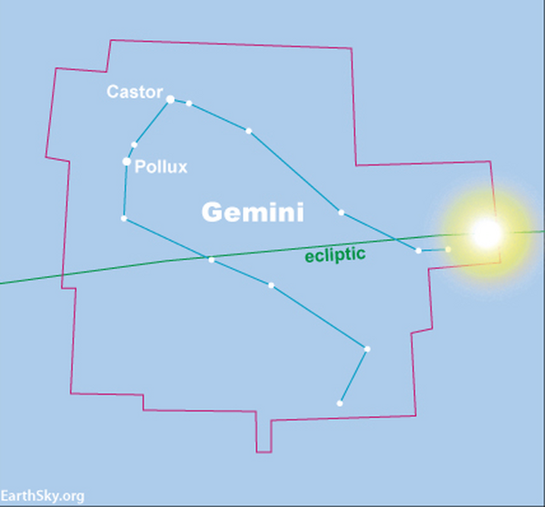 A blue chart, showing the boundaries of the constellation Gemini, as the sun enters Gemini.