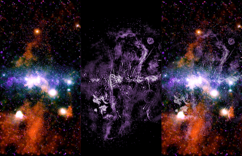 Composite of 3 images depicting the same central region of the Milky Way. The first one shows bright colours in red/orange, green and purple (X-ray), the 2nd one grey and lilac structures and strands, and the 3rd one is a combination of the 2 first images. 
