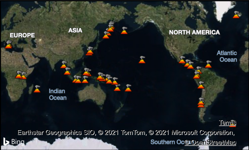 A world map showing the locations of currently active volcanoes. Most are along the Ring of Fire.