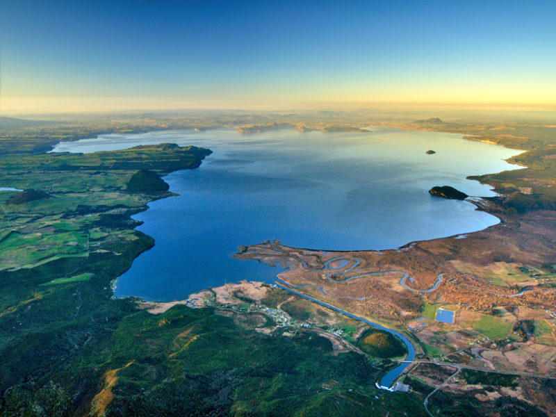 Lake shaped like Africa seen from above, above Taupo supervolcano.