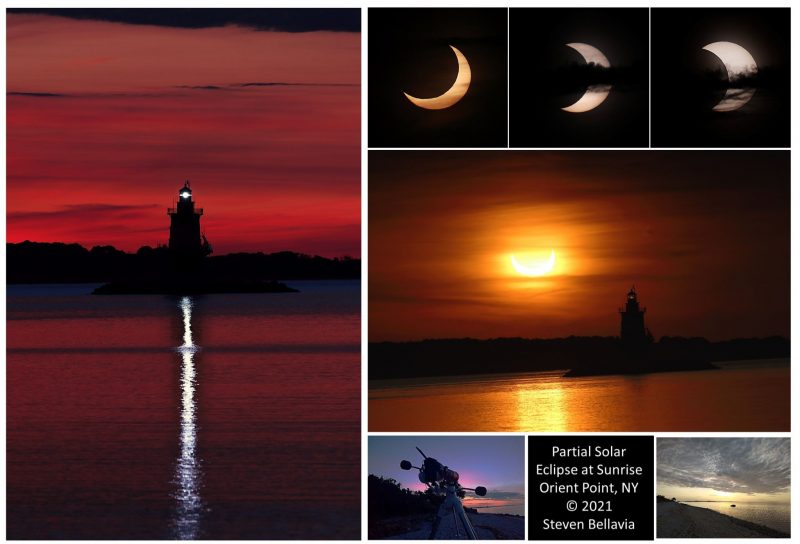 Montage of eclipsed suns and lighthouse.