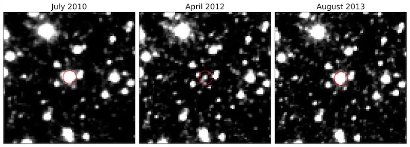 Three squares with same pattern of stars, one star different brightness in each.