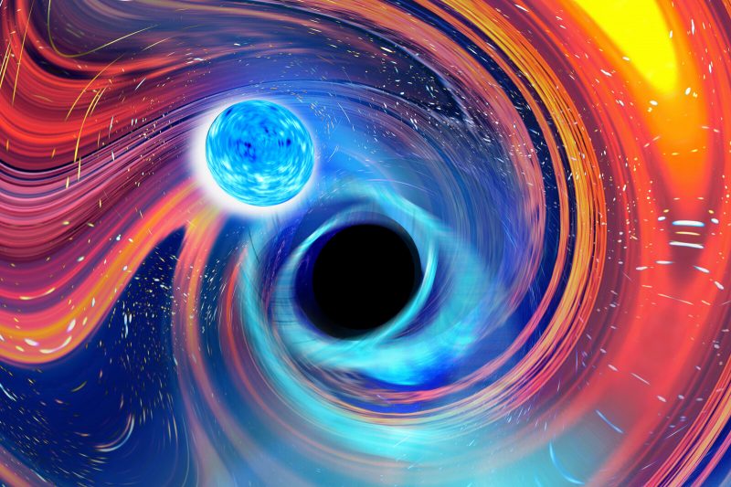Black hole swallows neutron star: A multi-colored mass spiraling into a pitch-black circle. On the outskirts of the black circle is a round blue object: the neutron star.