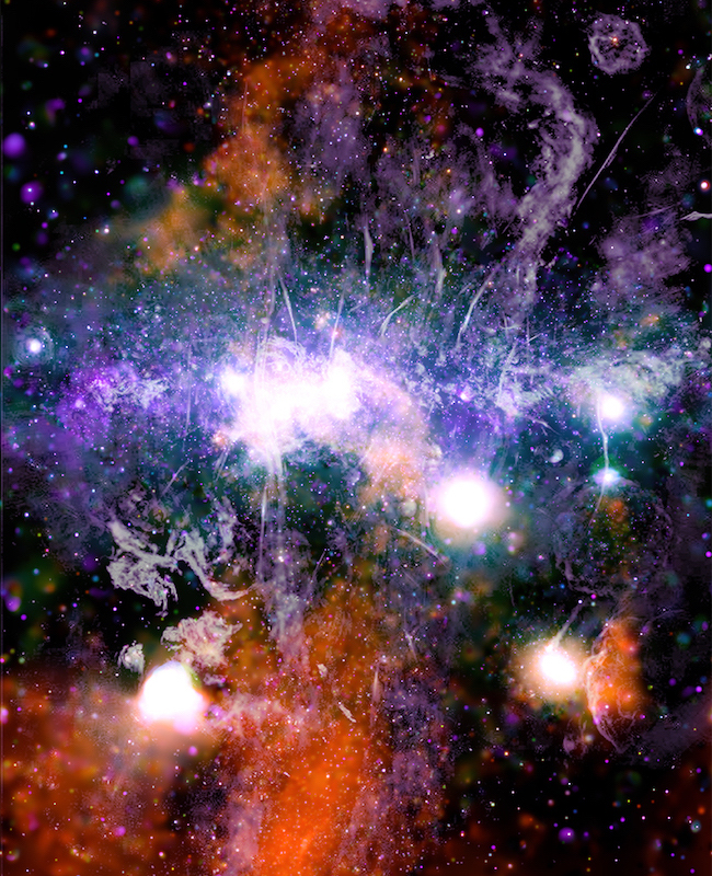 Colorful image of the Milky Way center, with shapes in white, purple, orange, green. 