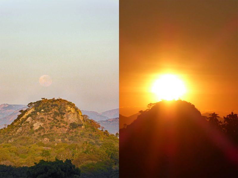 Two panels, one a moonrise, the other a sunrise, at exact same point above a hill.