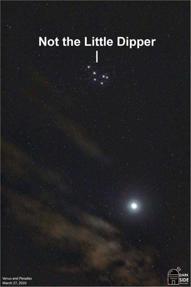 Text above grouping of stars saying 'Not the Little Dipper,. with brighter planet below.