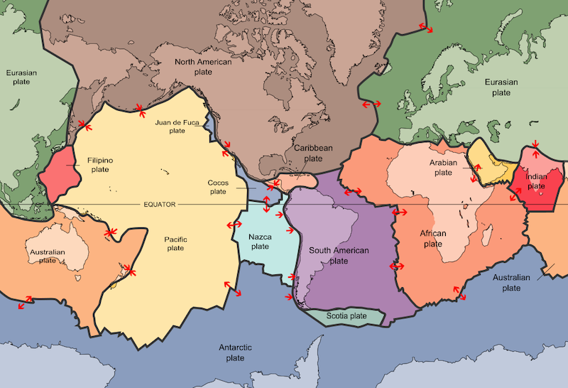 A map of the world's continents with an overlay showing the outlines of major tectonic plates on land and sea. 