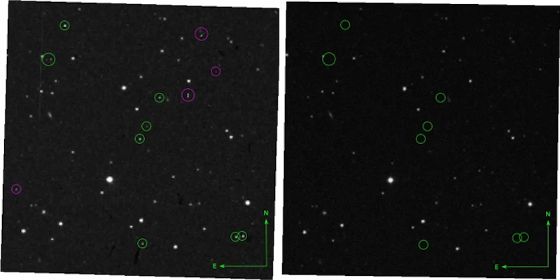 9 weird transients. 2 images of star fields with small green circles around star-like points in left image, nothing in the circles in right image.