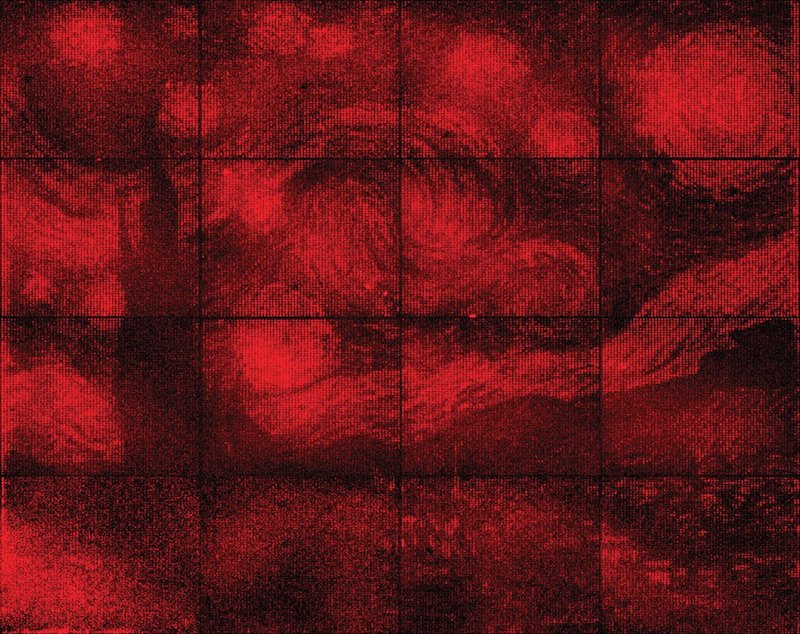 Vincent van Gogh’s painting Starry Night, swirls of red on a grid of 16 squares.