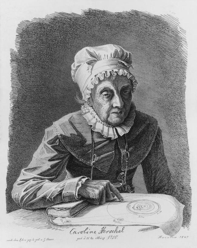 The Caroline Herschel Medal is named for this woman, wearing obviously dated clothing, pointing at a paper with circles drawn on it.