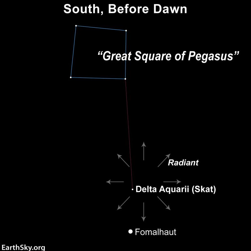 Star chart with Great Square of Pegasus to Fomalhaut to a ring of radial arrows near Delta Aquarii.