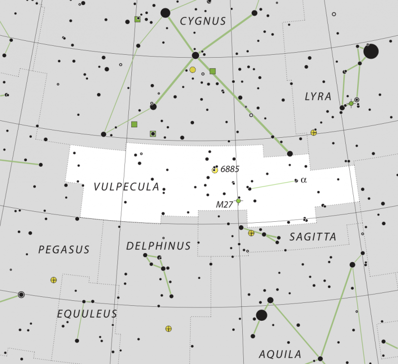 Star chart with stars in black on white showing Summer Triangle stars and 3 small constellations.