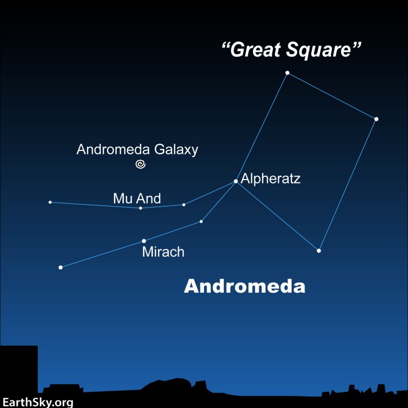 Star chart with Great Square and Andromeda constellation outlined and Andromeda galaxy marked.