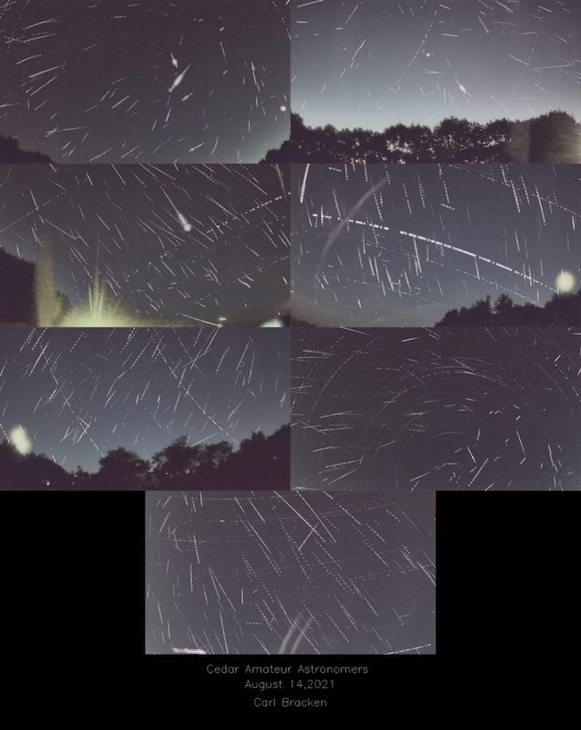 Perseid outburst: Seven photographs showing different skies with many white streaks across them.