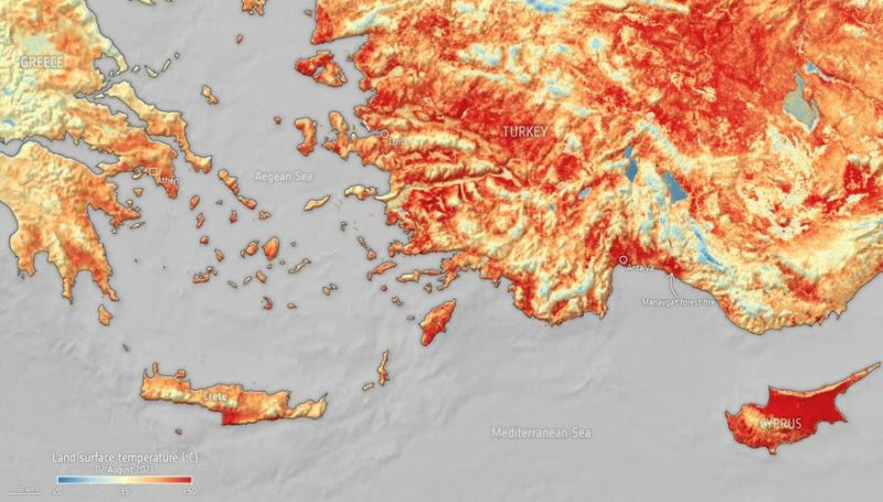 Mediterranean heatwave: A map showing Turkey, Greece and Cyprus, with red and yellow coloring indicating high heat.