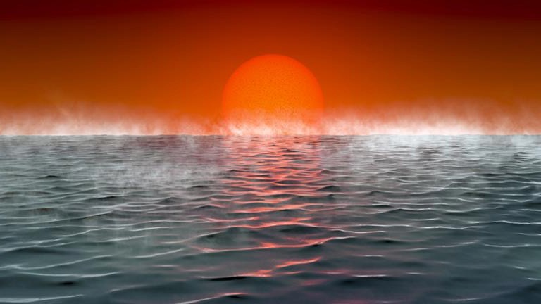 Hycean planets: Big orange sun setting over an ocean, with rising mist.