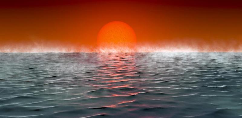 Water worlds: Steaming ocean under deep red sky with orange sun on horizon.