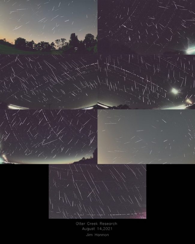 Seven photographs showing different skies with many thin white streaks across them.