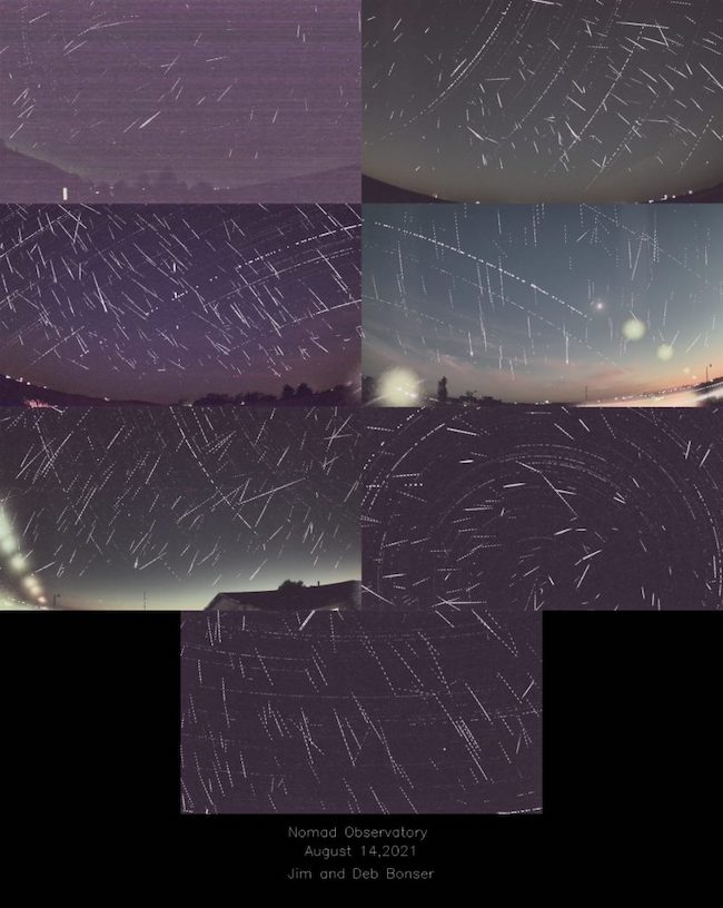 Seven photographs showing different skies with very many white streaks across them.
