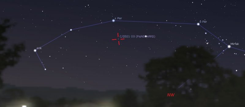 Chart showing comet sliding to middle of Perseus between stars Atik and Mirfak.