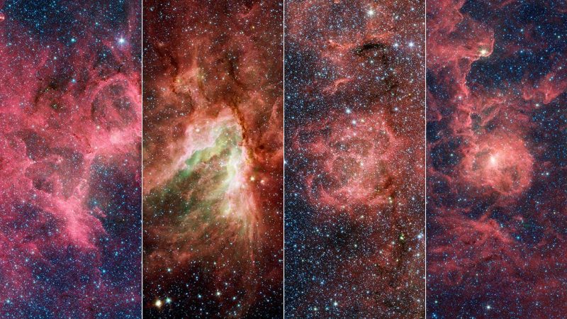 Four side-by-side images of swirly red clouds of gas among very many stars.