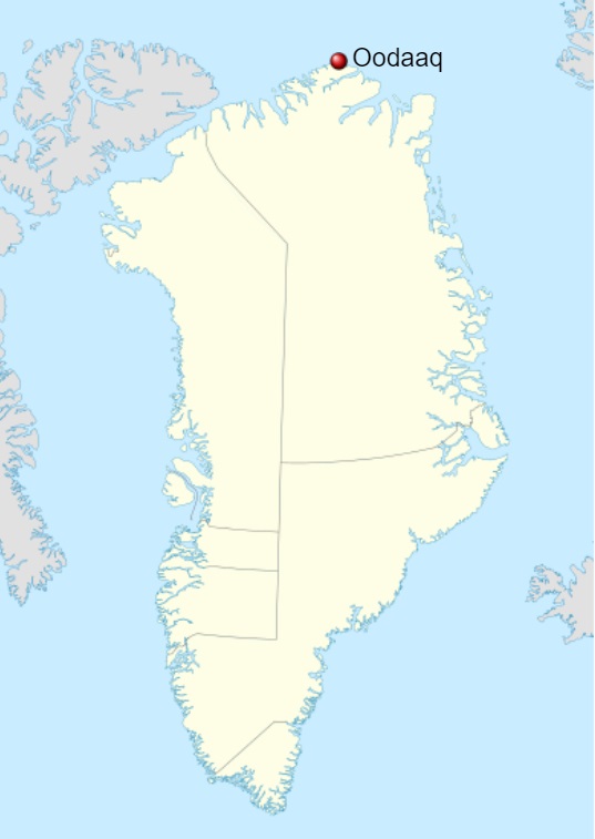Map of Greenland with red dot at top labeled Oodaaq.