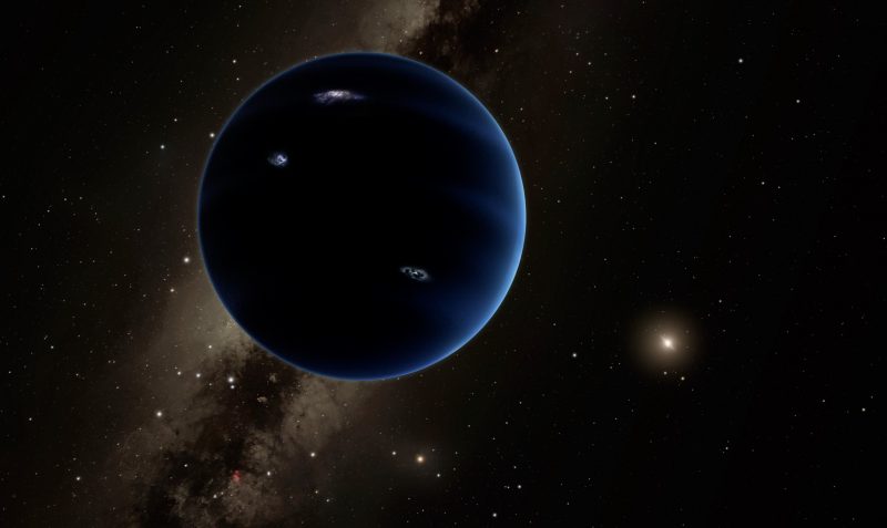 Planet Nine: Dark blue planet with white marks in shadow with sun in extreme distance.