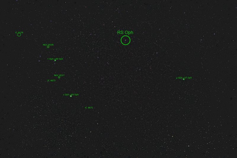 Stars labeled with RS Oph circled in green.