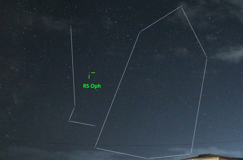 Nova visible to the eye: Outline of Ophiuchus with nova RS Ophiuchi labeled.