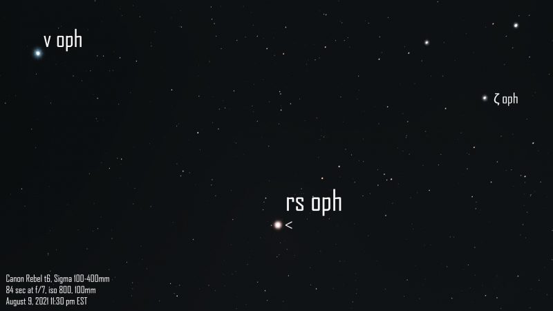 Star field with brightest point labeled RS Oph.