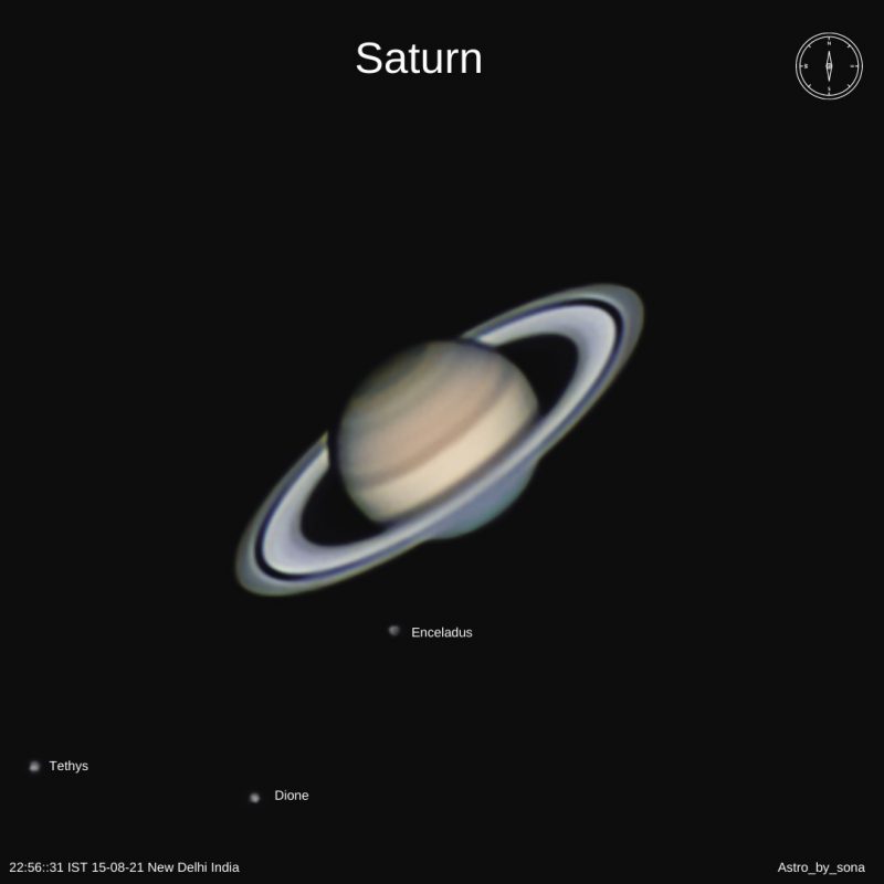 Saturn with rings and three moons.