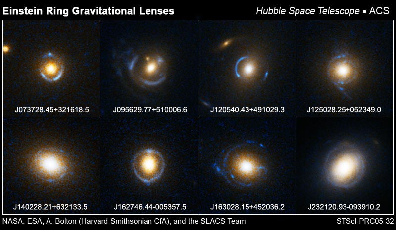 A collection of light rings seen around small, bright galaxies against dark backgrounds.