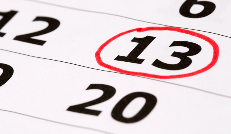 Friday the 13th: A piece of a calendar with the number 13 circled in red.