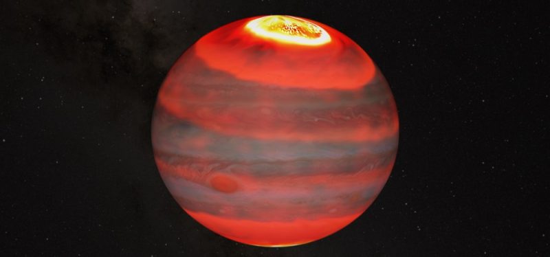 Jupiter's energy crisis: Orb with white at top and orangish red bands and faint swirly features.
