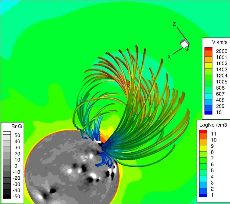 Gray ball with dark and light patches, green background, curving lines arcing outward from ball.