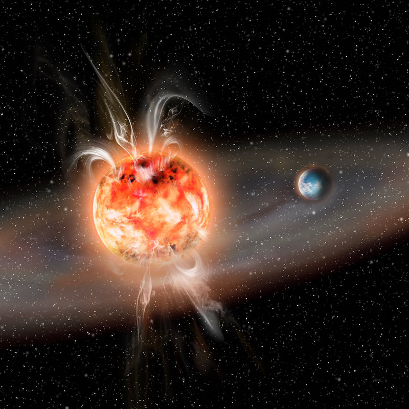 Red dwarf planets: Bright red star with huge flares at poles and nearby planet.