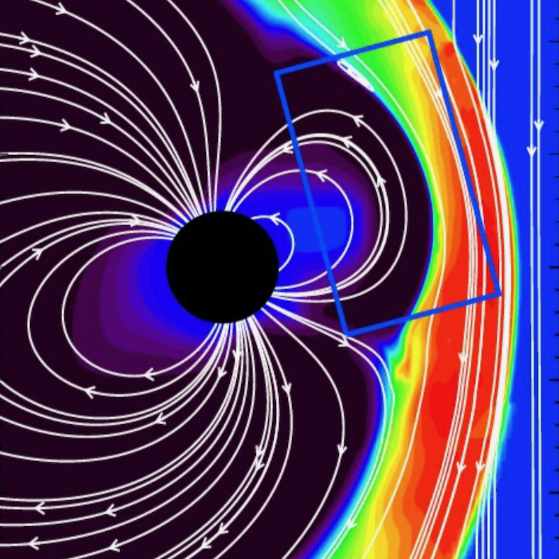 Black circle with white arced lines coming from poles and rainbow-colored band on right.