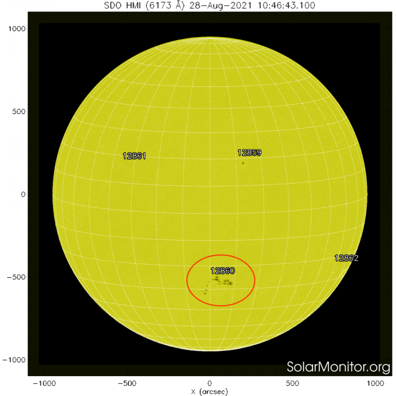 Diagram of the sun, with AR12860's location marked.