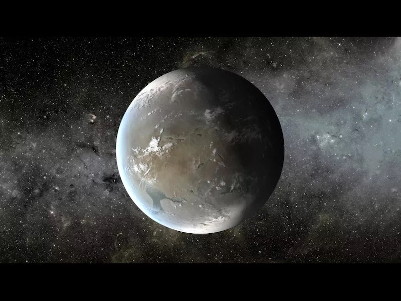 Large gray, rough-surfaced planet with seas and clouds against starry background.