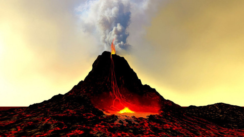 Martian super volcanoes: Volcano erupts into yellow sky.